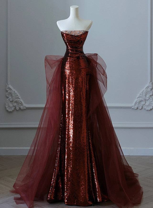 Burgundy Mermaid Sequins Tulle Crystal Prom Dress