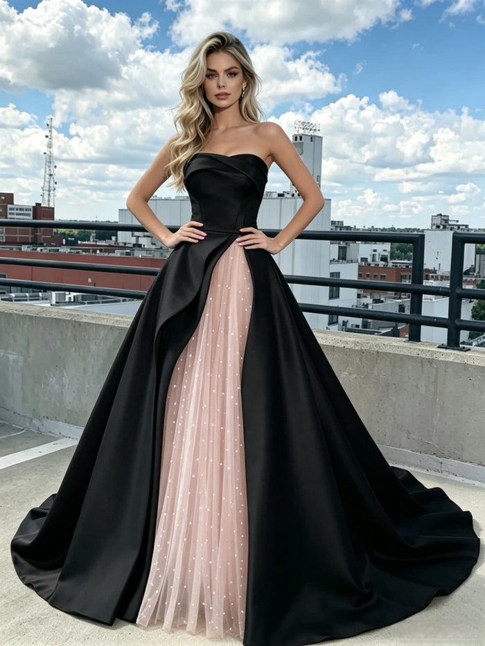 Black Satin Pink Tulle Strapless Prom Dress