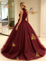 Burgundy Tulle High Neck Flower Prom Dress
