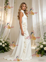 White Sheath Satin High Neck Flower Wedding Dress