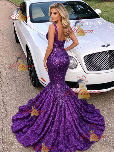 Purple Mermaid Straps Prom Dress