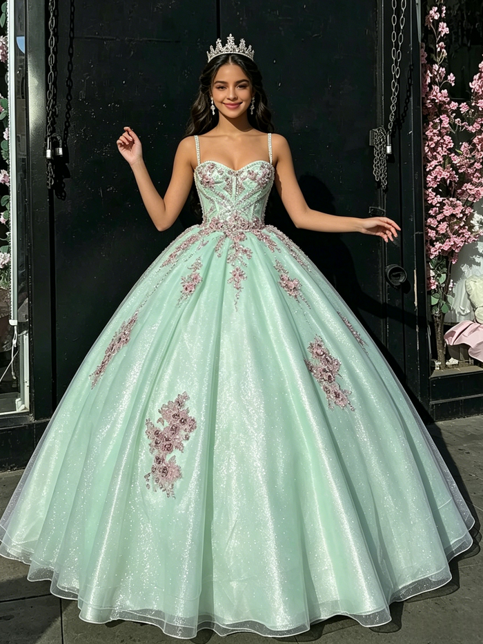 Green Tulle Spaghetti Straps Appliques Quinceanera Dress
