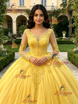 Yellow Tulle Appliques Long Sleeve Quinceanera Dress