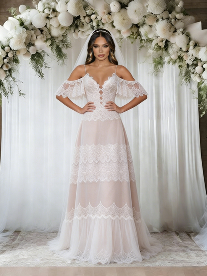 Ivory Lace V-neck Wedding Dress
