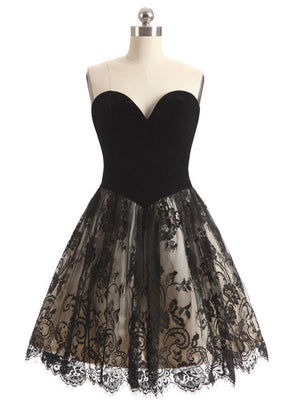 Black Velvet Tulle Lace Sweetheart Homecoming Dress
