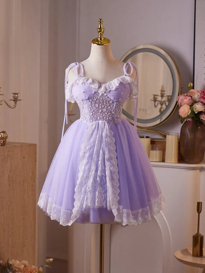 Purple Tulle Lace Sequins Homecoming Dress
