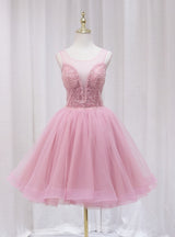 Pink Tulle Sequins Beading Backless Homecoming Dress