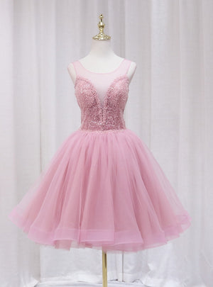 Pink Tulle Sequins Beading Backless Homecoming Dress
