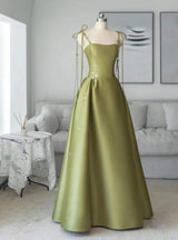 Green Satin Spaghetti Straps Prom Dress