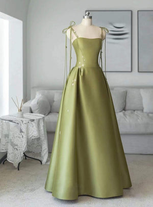 Green Satin Spaghetti Straps Prom Dress