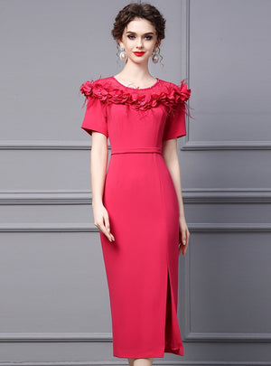Fuchsia Short Sleeve 3D Flower Mother Of The Bride Dress