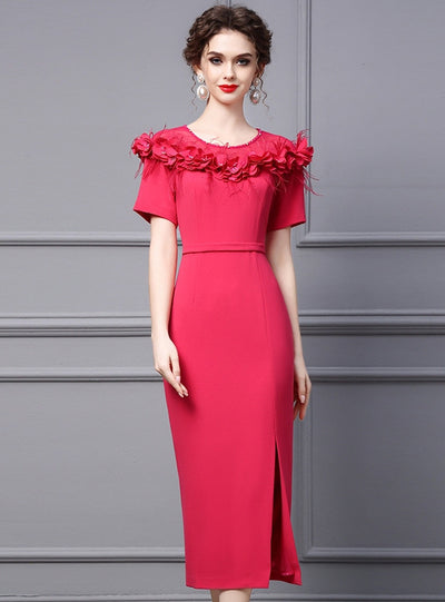 Fuchsia Short Sleeve 3D Flower Mother Of The Bride Dress