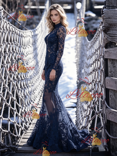 Navy Blue Mermaid Lace Prom Dress