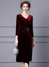 Yellow Velvet 3/4 Sleeve Mother Of The Bride Dress
