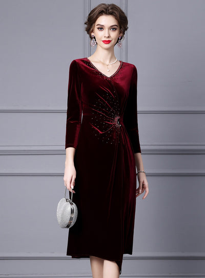 Yellow Velvet 3/4 Sleeve Mother Of The Bride Dress