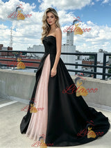 Black Satin Pink Tulle Strapless Prom Dress