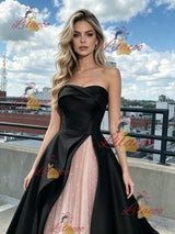 Black Satin Pink Tulle Strapless Prom Dress