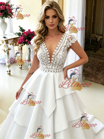 White V-neck Lace Wedding Dress