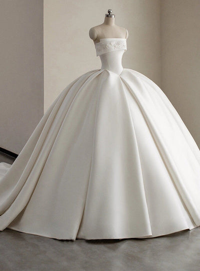 White Satin Appliques Strapless Wedding Dress