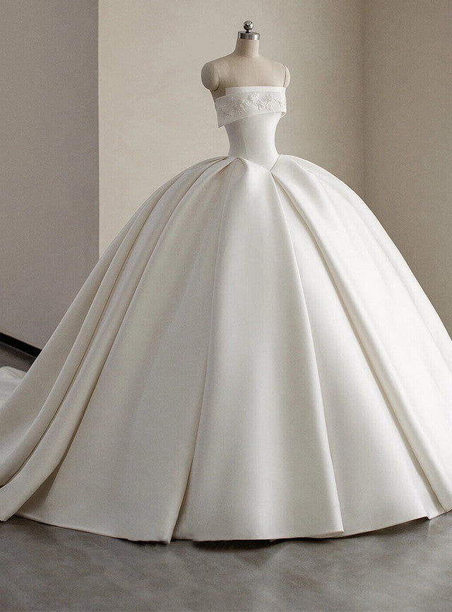 White Satin Appliques Strapless Wedding Dress