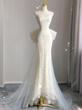 Ivory Mermaid Lace Tulle Bow Wedding Dress
