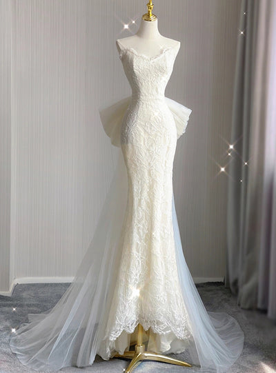 Ivory Mermaid Lace Tulle Bow Wedding Dress