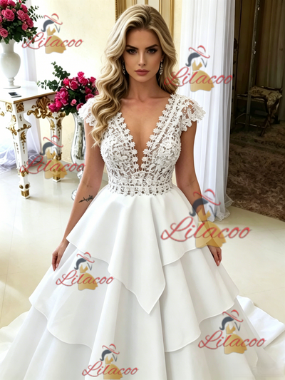 White V-neck Lace Wedding Dress