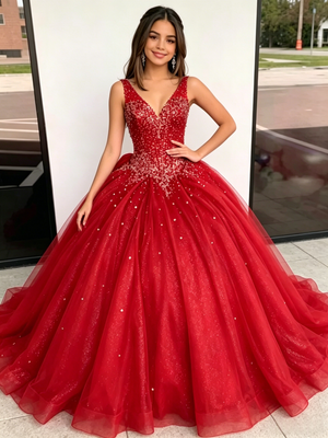 Red Tulle V-neck Beading Quinceanera Dress