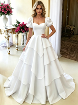White Square Neck Puff Sleeve Wedding Dress