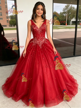 Red Tulle V-neck Beading Quinceanera Dress