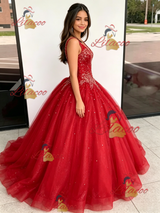 Red Tulle V-neck Beading Quinceanera Dress
