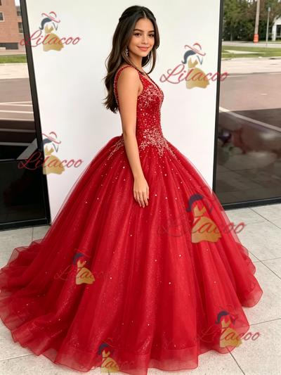 Red Tulle V-neck Beading Quinceanera Dress