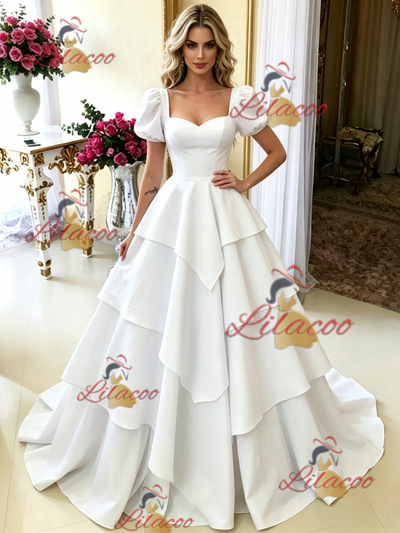 White Square Neck Puff Sleeve Wedding Dress