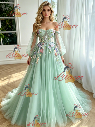 Green Tulle Long Sleeve Appliques Prom Dress