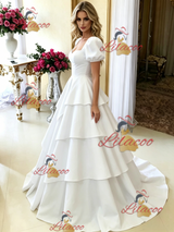 White Square Neck Puff Sleeve Wedding Dress