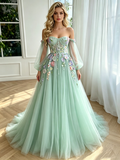 Green Tulle Long Sleeve Appliques Prom Dress