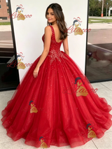 Red Tulle V-neck Beading Quinceanera Dress