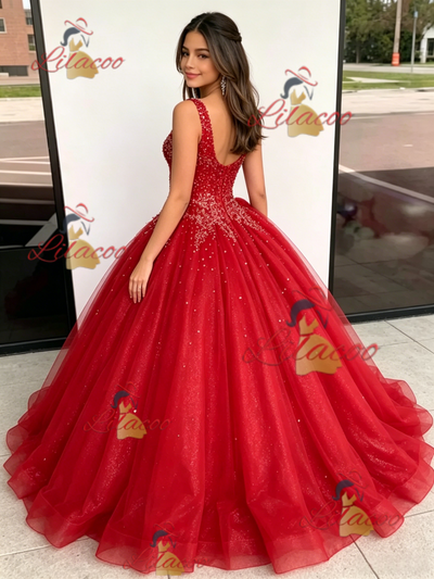 Red Tulle V-neck Beading Quinceanera Dress