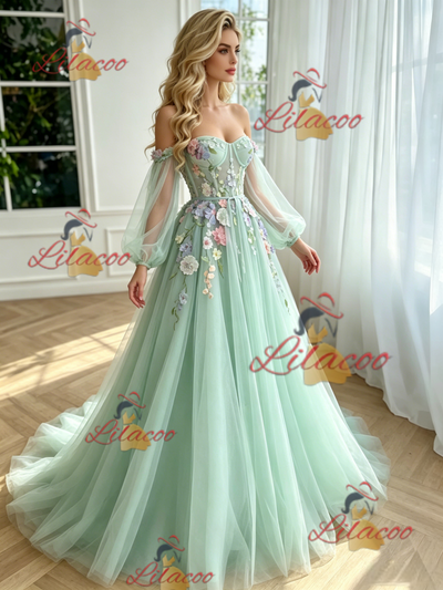 Green Tulle Long Sleeve Appliques Prom Dress
