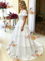 White Square Neck Puff Sleeve Wedding Dress