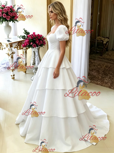 White Square Neck Puff Sleeve Wedding Dress