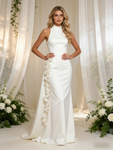 White Sheath Satin High Neck Flower Wedding Dress
