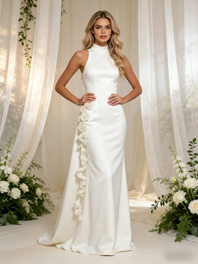 White Sheath Satin High Neck Flower Wedding Dress