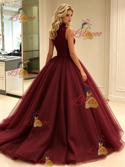 Burgundy Tulle High Neck Flower Prom Dress