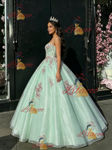 Green Tulle Spaghetti Straps Appliques Quinceanera Dress