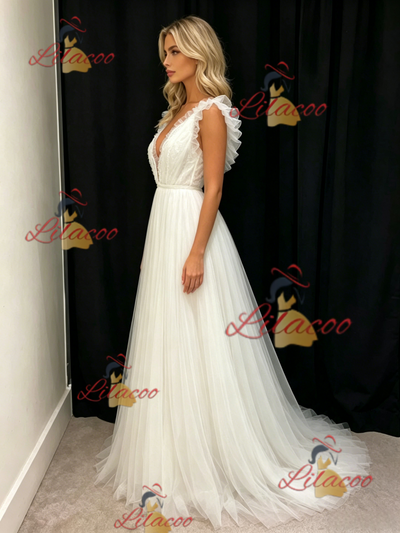 White Tulle V-neck Pleats Wedding Dress