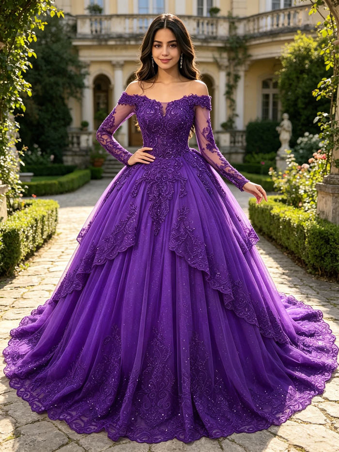 Purple Tulle Off the Shoulder Appliques Quinceanera Dress