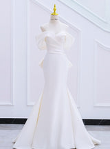 White Mermaid Pleats Bow Wedding Dress