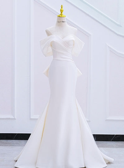 White Mermaid Pleats Bow Wedding Dress