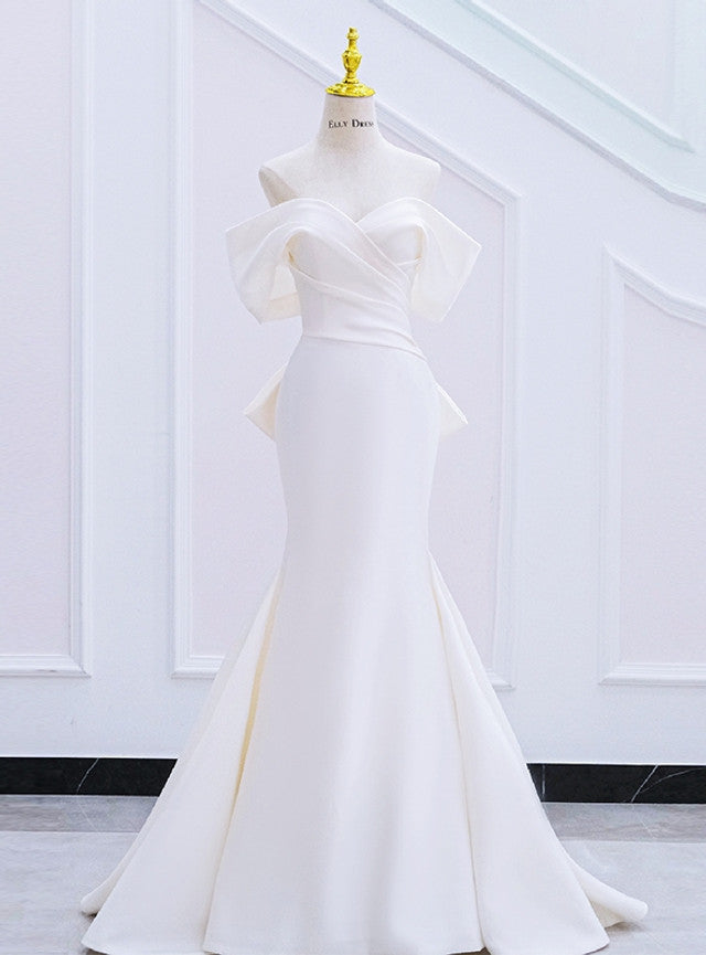 White Mermaid Pleats Bow Wedding Dress